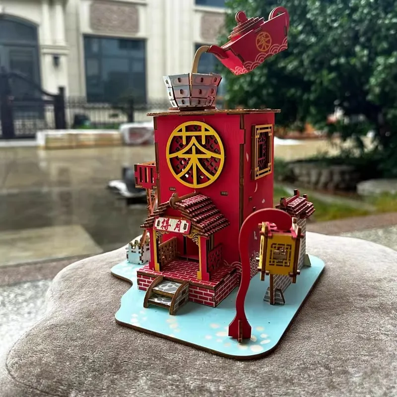 Teahouse Tea House Chinese Traditional Shop Store 3D Wooden Model Puzzle Toy Building Assemble Wood Build Game Boy Girl Gift