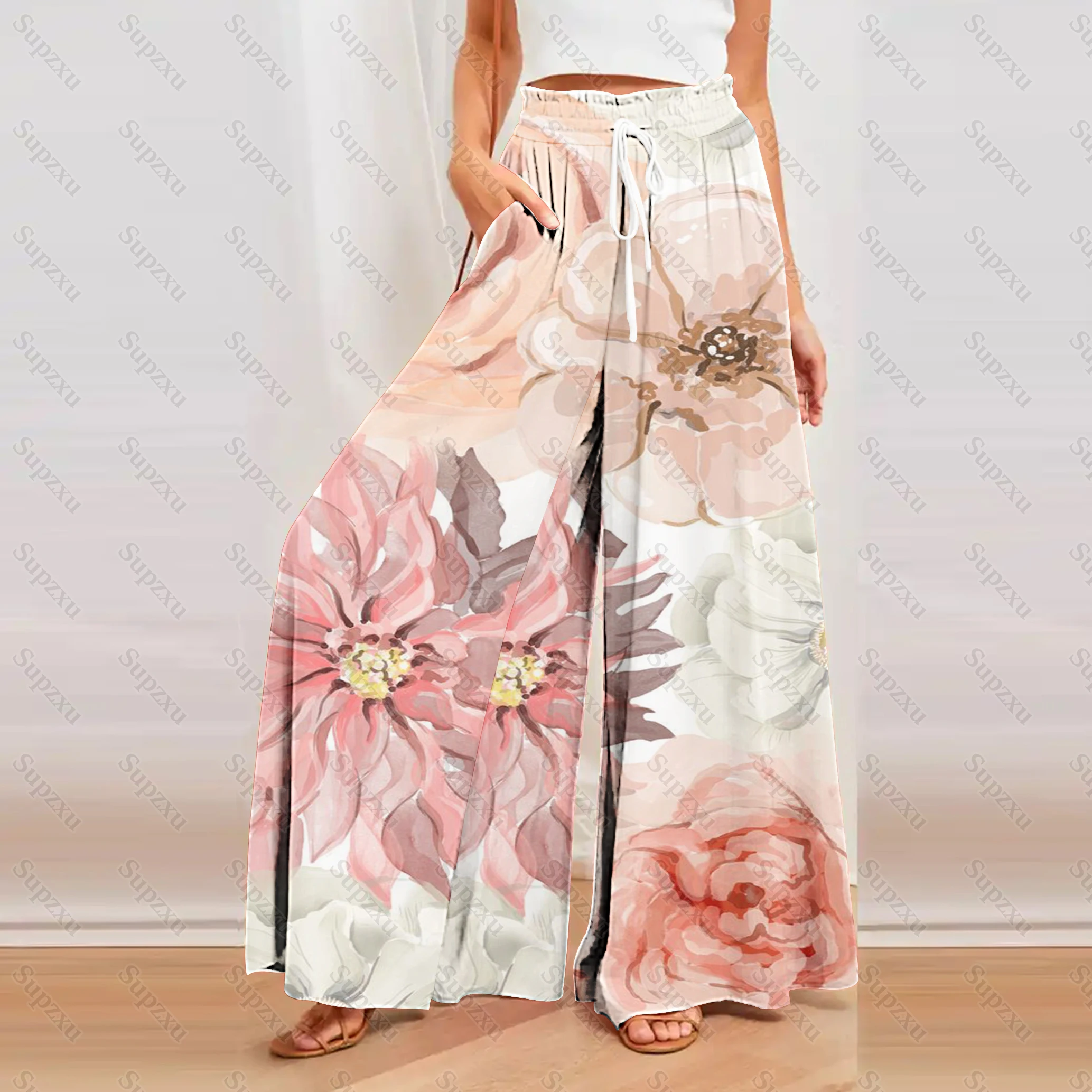 Casual Womens Loose Pants Y2K Floral Printed Palazzo Pants High Waist Lace Up Wide Leg Casual Female Long Trousers Boho Trousers