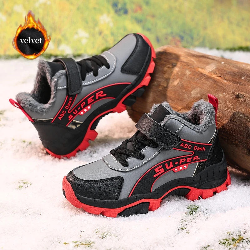 

Plus Velvet Children's Winter Sneakers Warm Kids Hiking Shoes Outdoor Non-slip Trekking Shoes Boys High Top Casual Sports Shoes