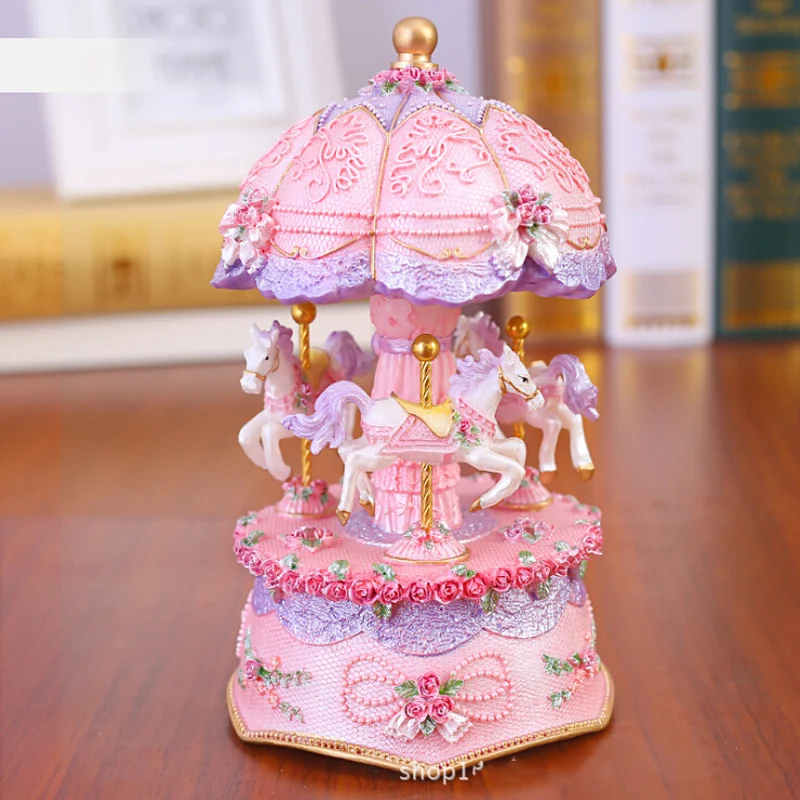 

Modern Flashing LED Light Resin Carousel Music Box Kids Ornament Crafts Birthday Wedding Gifts Home Desk Accessories Decoration