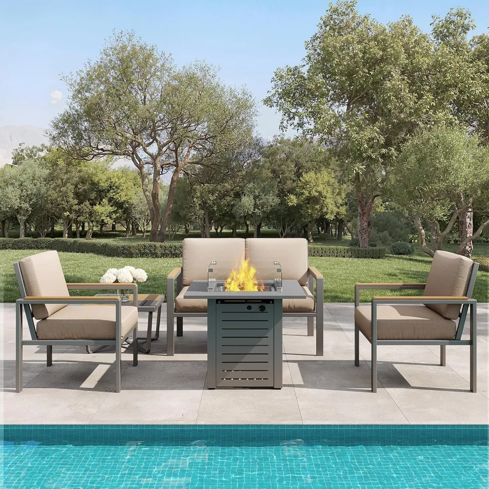 4-Piece Outdoor Patio Furniture Set, Metal Conversation Set with Cushions & Wood-Like Armrests, Modern Patio Sectional image 2