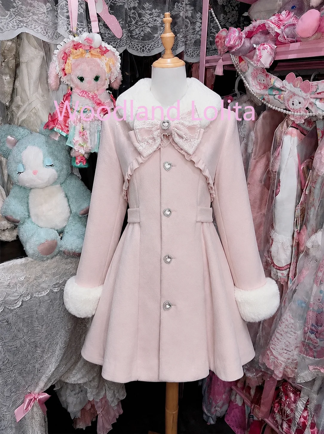 Japanese Mass Production Women's Fur Collar Lolita Woolen Jacket Sweet Bow Slim-fitted Quilted Long Coat Warm A-line Outwear