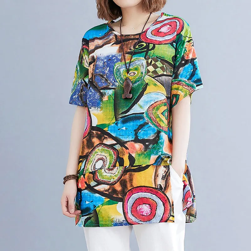 Vintage Hand-Painted Printed Midi Pullovers Casual Spliced Loose Women's Clothing Round Neck Summer Stylish Short Sleeve T-shirt