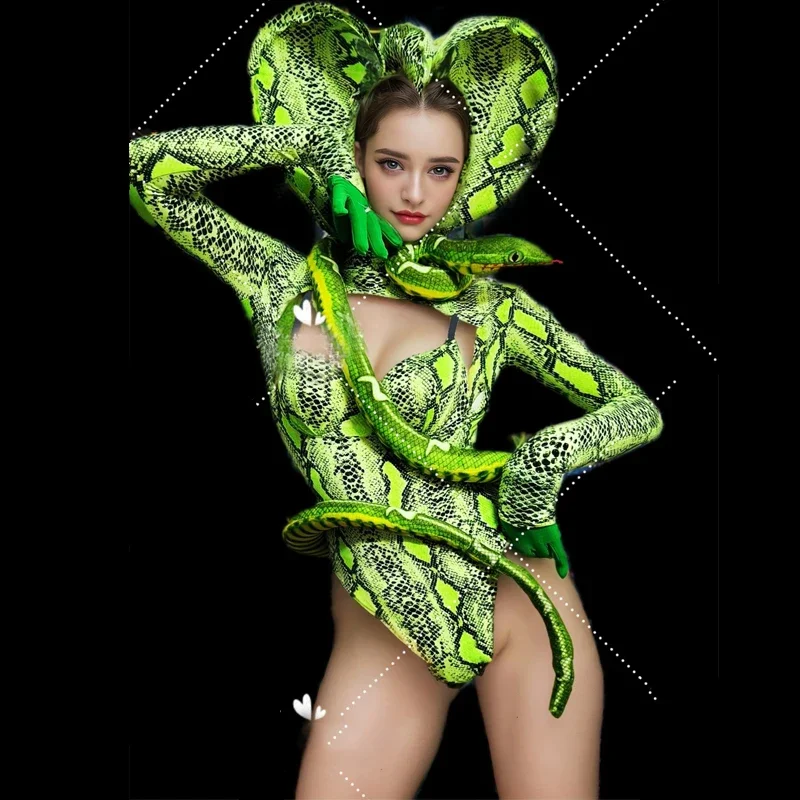 바 나이트 클럽 Dj Ds Gogo 댄서 의상 여성 섹시 폴 댄스 복장 뱀 프린트 바디 슈트 모자를 쓰고 있죠 무대 레이브 착용
