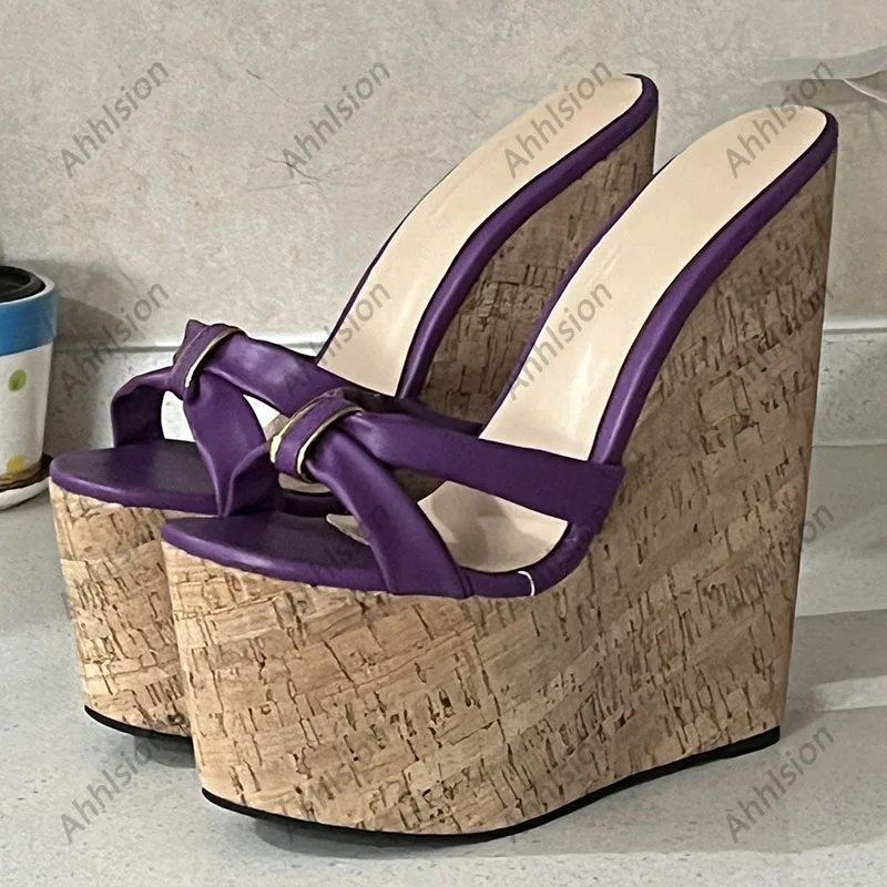 Ahhlsion Real Photos Women Summer Slingback Sandals Wedges High Heels Round Toe Purple Party Shoes Ladies US Plus Size 4-15