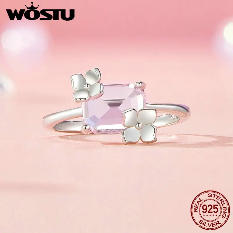 WOSTU Original 925 Sterling Silver Flower Statement Ring Finger Ring With Pink Glass For Women Fine Jewelry Party Dating Gift