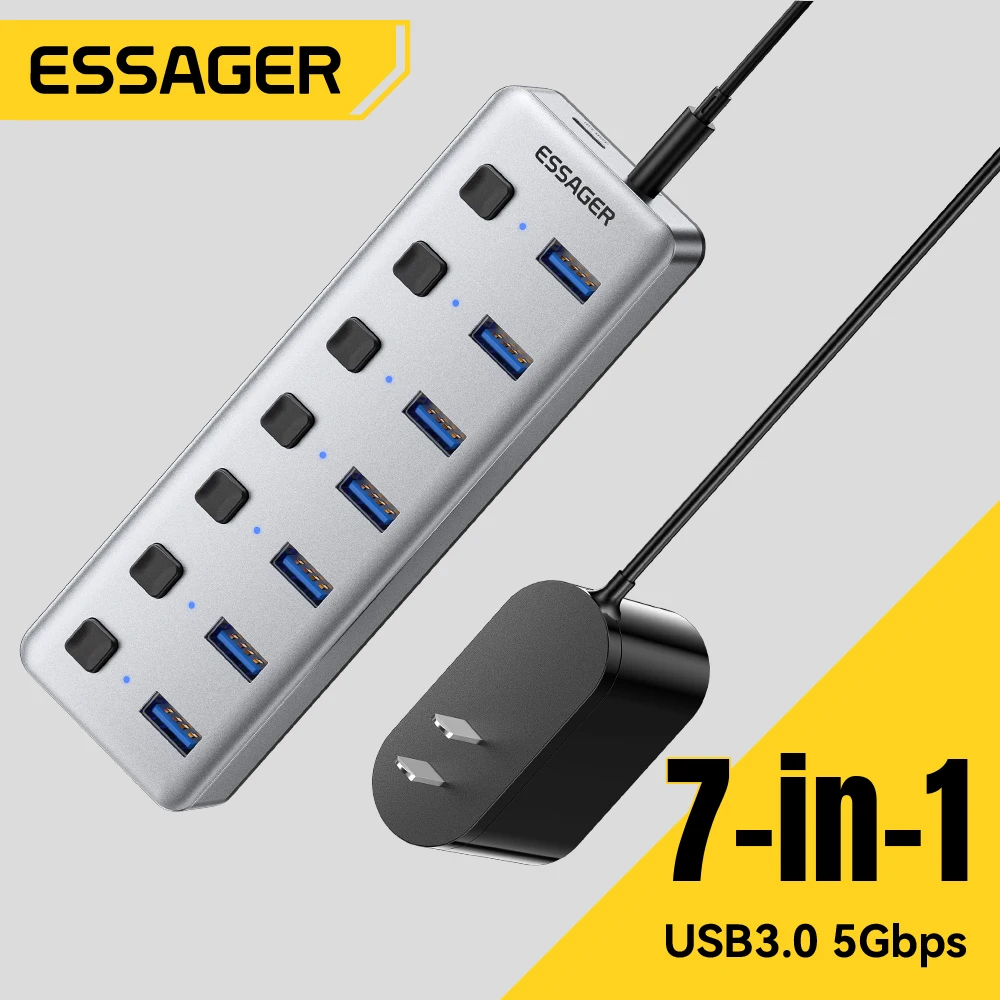 Essager 7 Ports USB A HUB Multi-port USB 3.0 5Gbps Splitter Adapter With 24W EU/US Plug Charger for Phone Macbook Pro PC Laptop