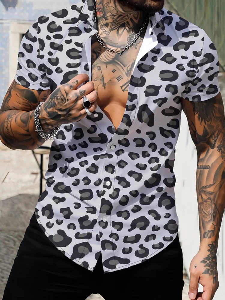 

2024 Summer Men's Short Sleeve Shirt Sexy Leopard Print 3D Digital Print Shirt Men's Lapel Short Sleeve Fashion Shirt