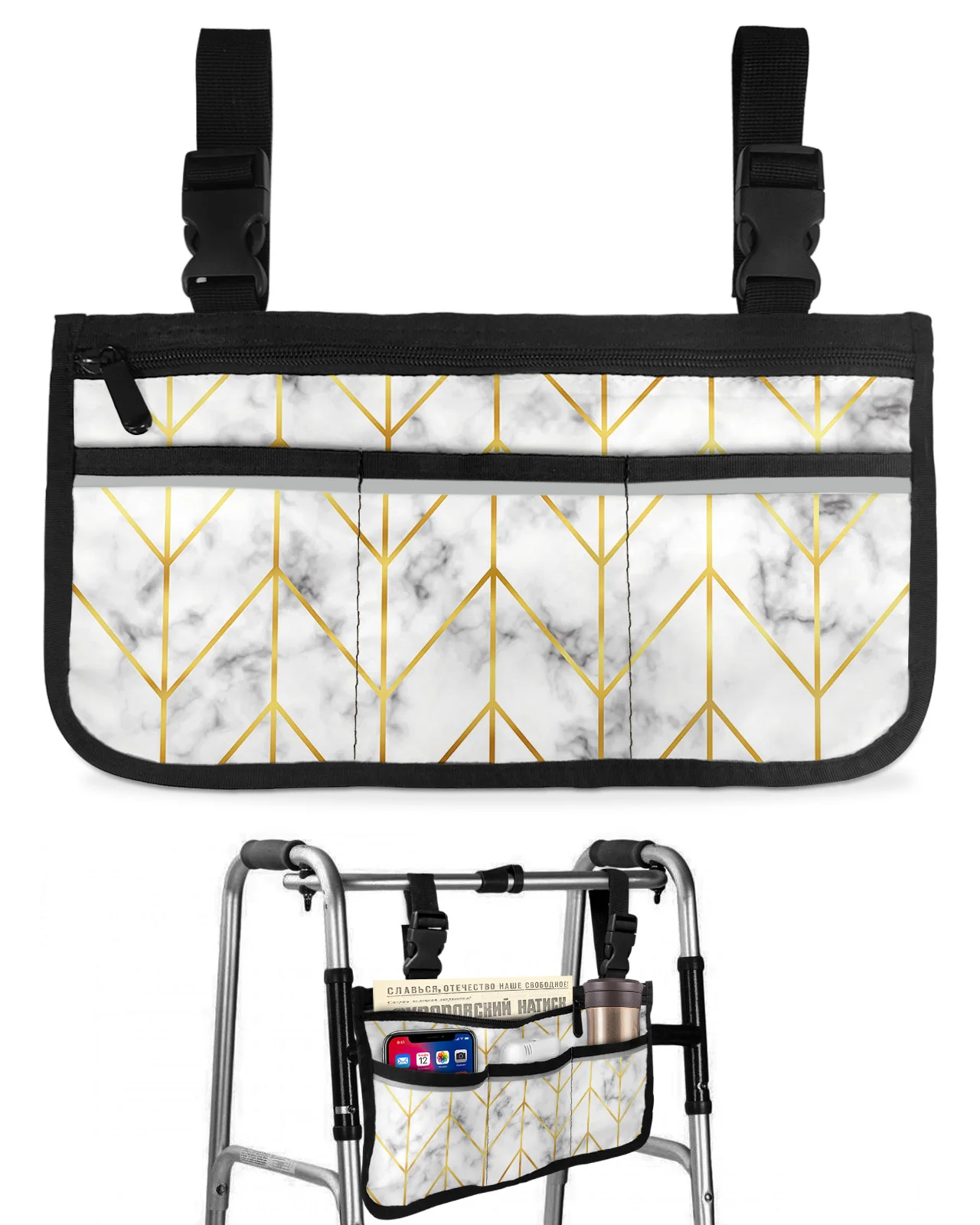 Marble Abstract Yellow Geometric Herringbone Wheelchair Bag Armrest  Side Bags Electric Scooter Walking Frame Storage Pouch