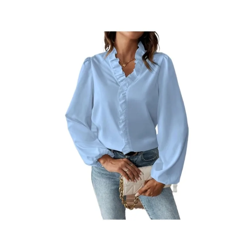 Damska koszula plus size 1XL-5XL, nowa, codzienna i modna, gładka, z koronkowym stójką i długim rękawem.