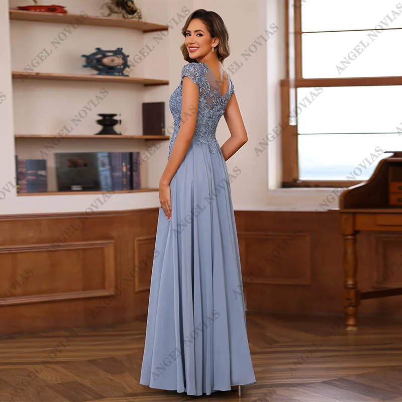 Customized Long Dusty Blue Mother of The Bride Dresses with Cap Sleeves Evening Dress Vestido Para Madre De La Novia 2024