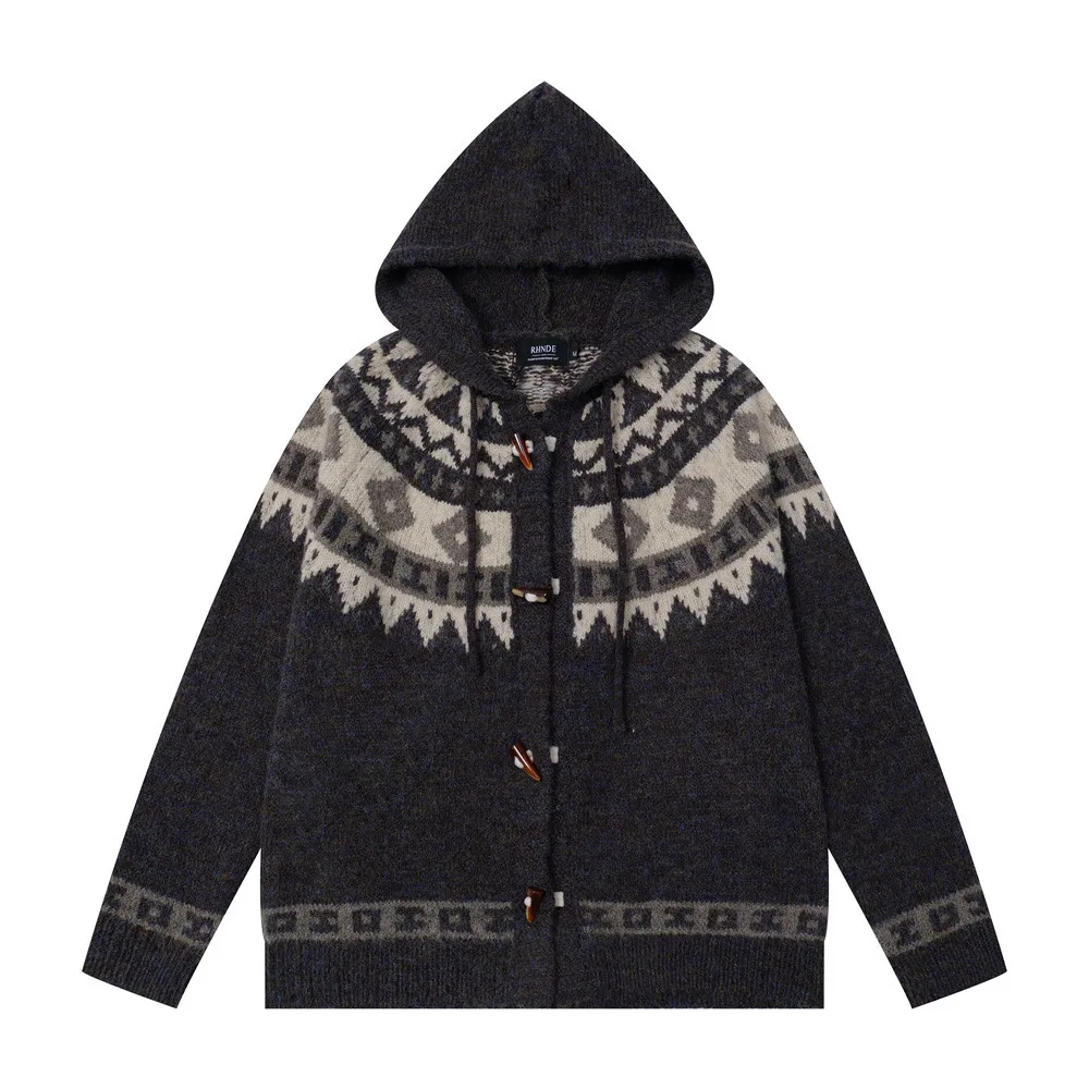 

2026 весенне-осенний вязаный свитер, мужской кардиган с капюшоном и пуговицами, свободный повседневный вязаный свитер с длинными рукавами, куртка, уличная одежда