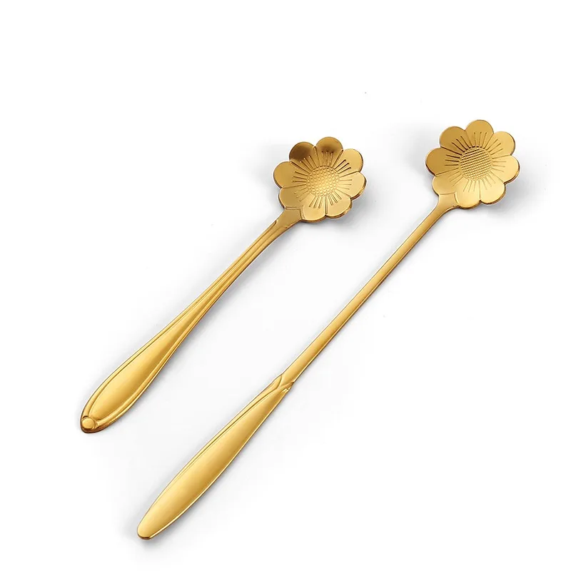 6pcs Stainless Steel Heart Rose Flower Gold Scoop Coffee Spoon Gifts Kitchen Dessert Dining Accessories Tableware Decoration Set