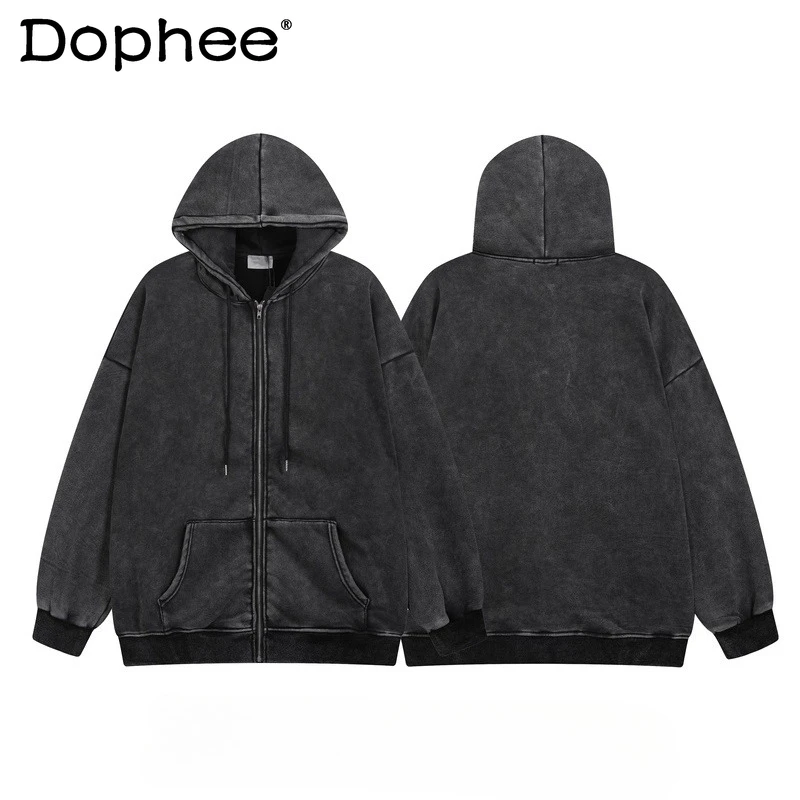 

Fashion Retro Couple Sweatshirt Jackets Men Women 2025 Winter New Trendy Hooded Tops Pocket Decoration Long Sleeve Hoodies Coats