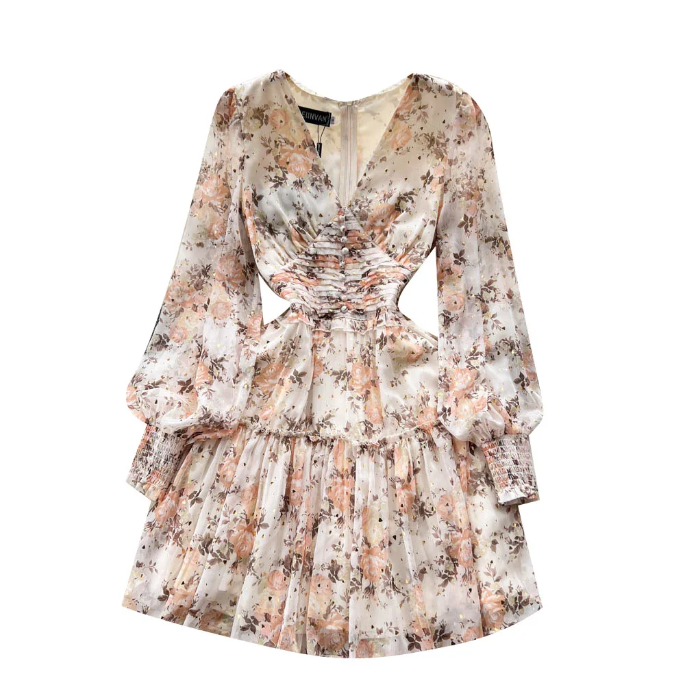 Sweet Floral Print Slip A-line Mini Dress Women's Spring Autumn French Sexy New Fashion Vestidos Femininos Frete Grátis J113