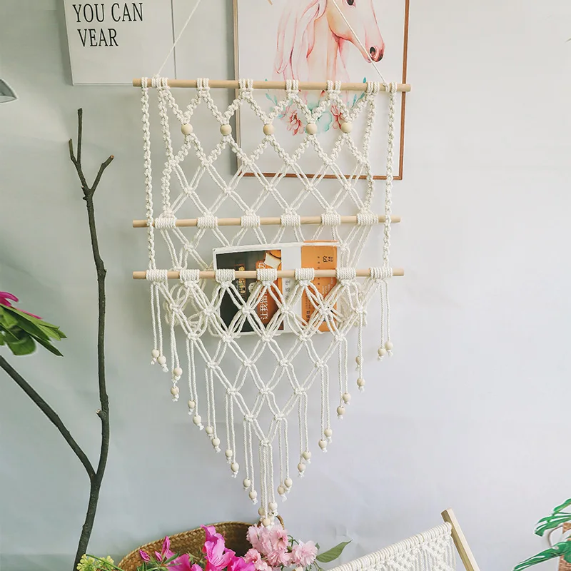 Handwoven DIY Wall Hanging Tapestry Bookshelf Storage Rack Living Room Study Creative Decorative Cotton Geometric Pattern