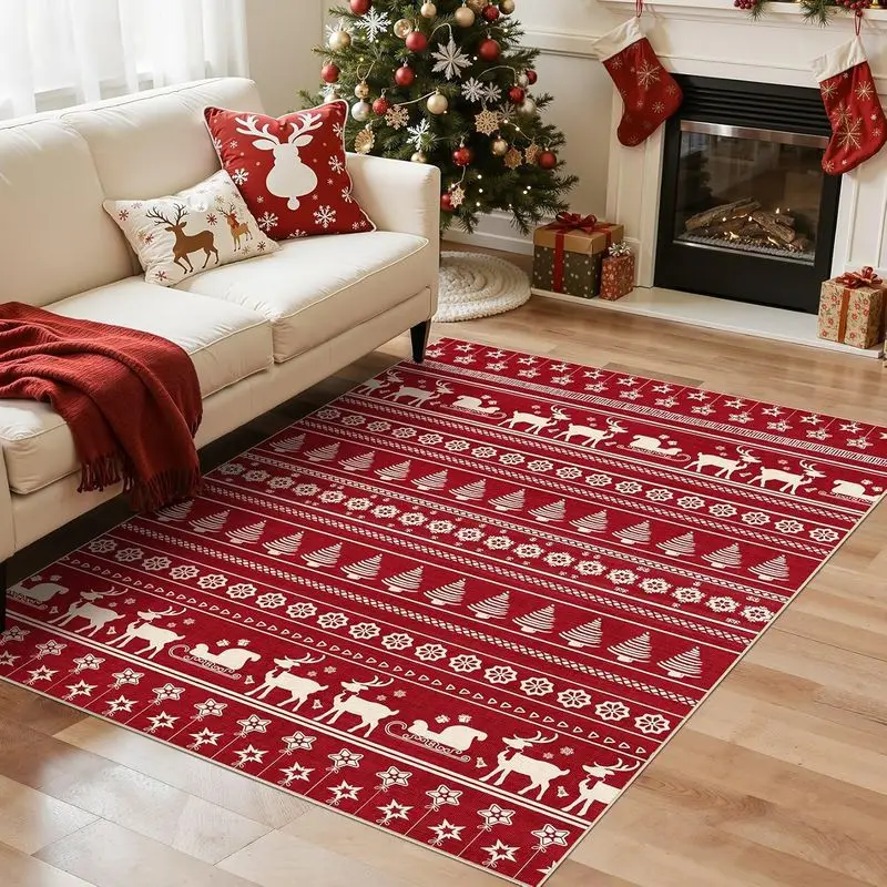 VIKAMA Christmas Crystal Velvet Area Rug Nordic Reindeer Sleigh Xmas Tree Print Non Slip Carpet For Living Room Bedroom Decor