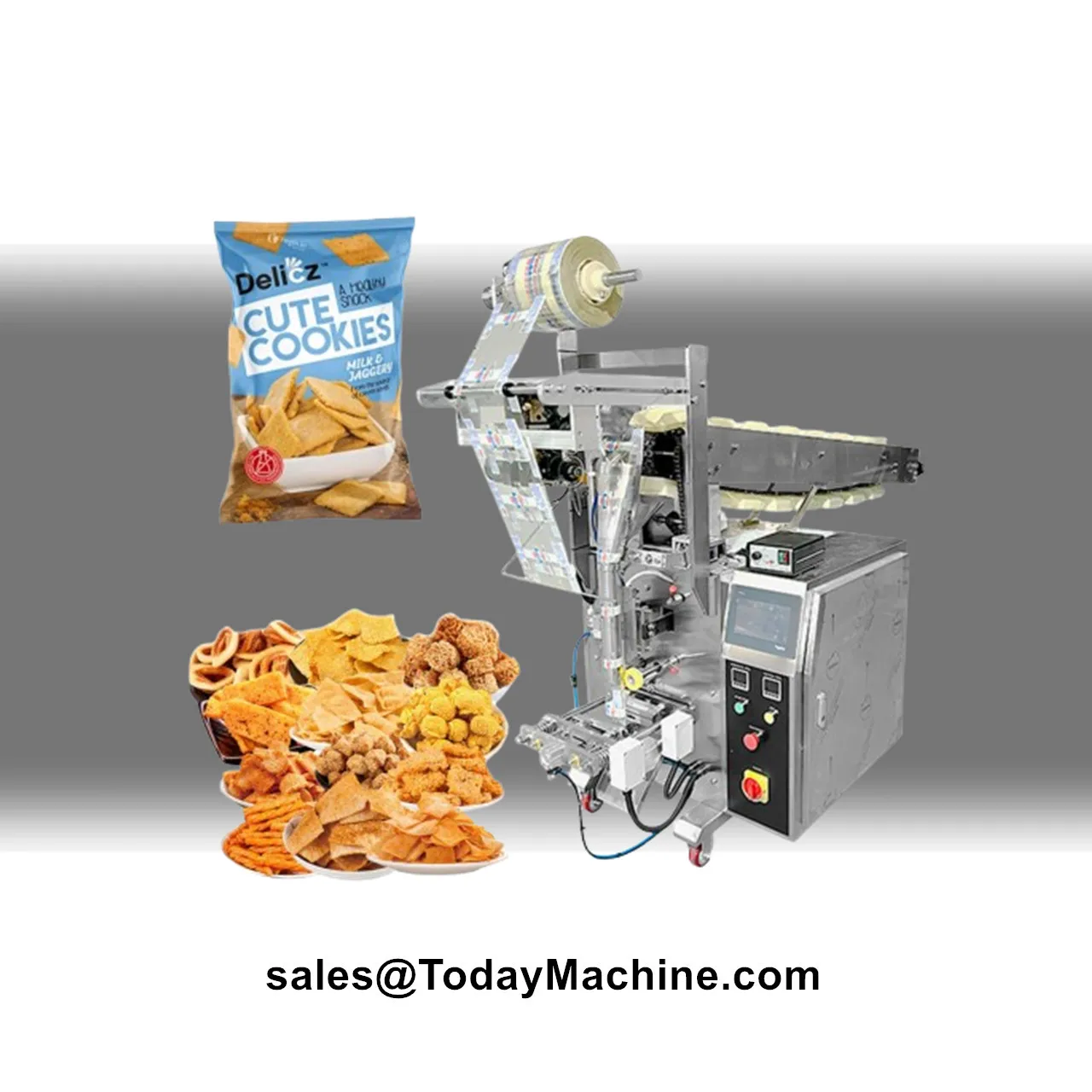 Máquina de envasado de bolsas de plástico con cadena para relleno de maíz frito, nueces, snacks, azúcar, alitas de pollo congeladas y carne