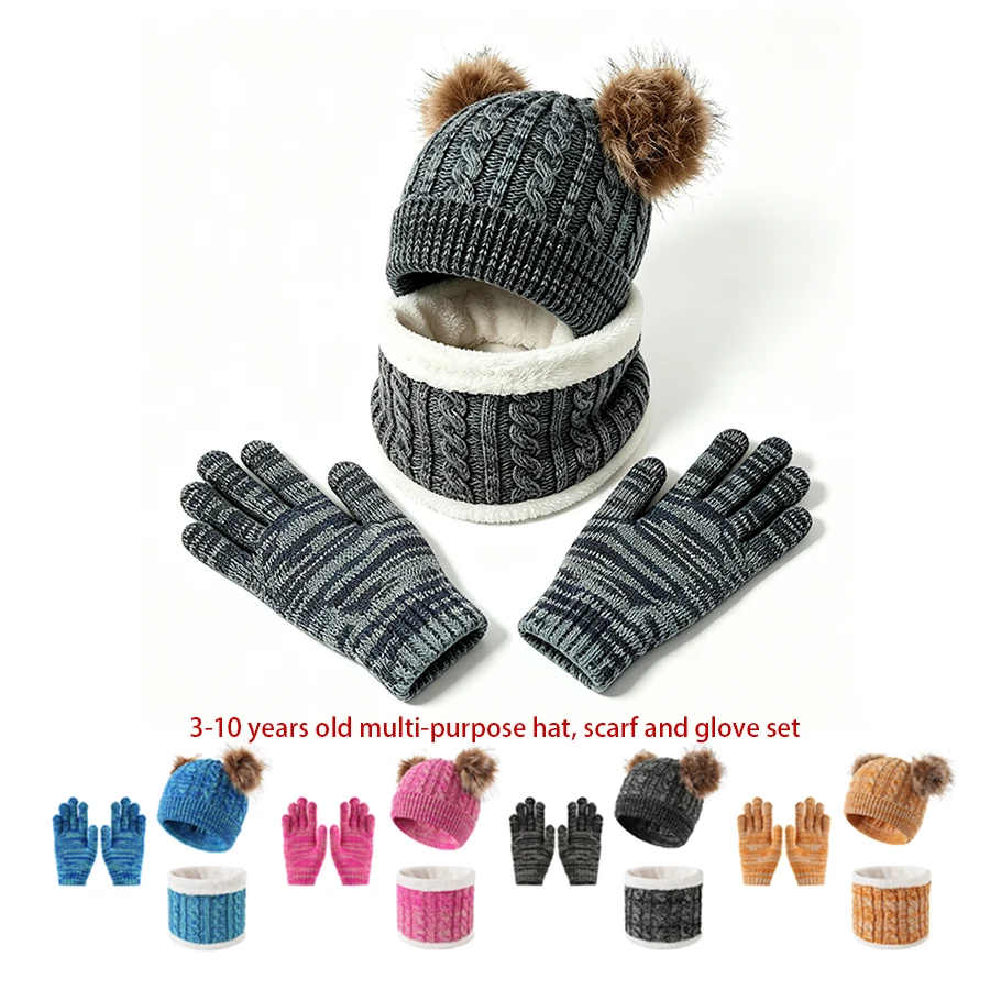 Set di 3 pezzi in stile retrò per bambini: cappello invernale a doppia palla, sciarpa e guanti in maglia.