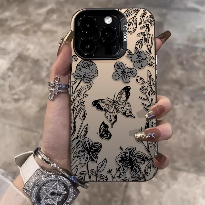 Sketch Flower Butterfly Phone Case for iPhone 11 15 ProMax 12 13 14 Pro X 7/8 Plus XR XSMax Laser Plated Shockproof Bumper Cover image 3