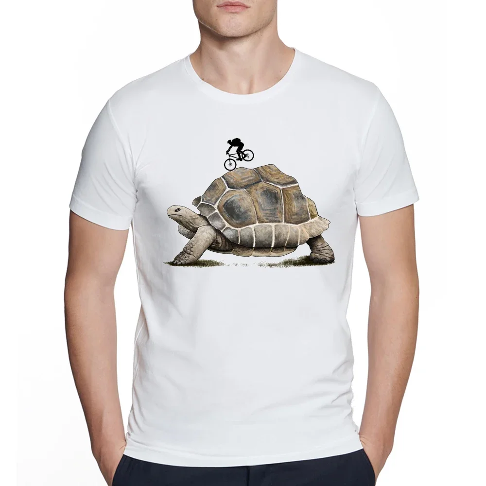 Hipster O-neck Design Tops Cool Desgin Tee Men's Creative Bikepacking with Aldabra giant tortoise Print Short Sleeve T-Shirt