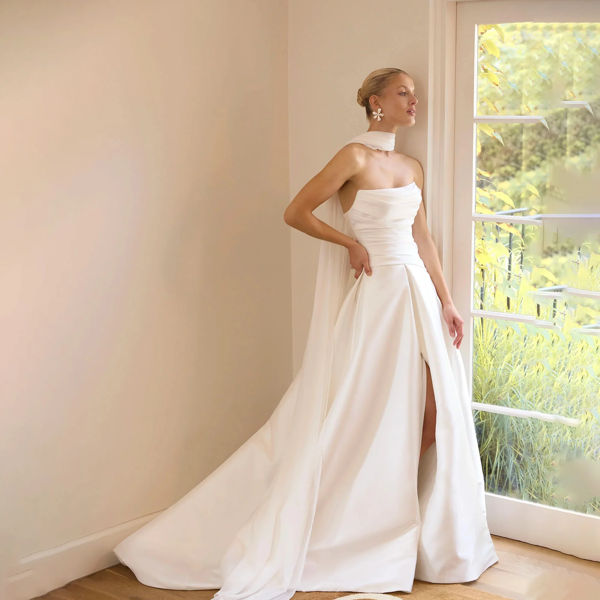MCDV Modern Satin A-Line Wedding Dresses With Shawl Strapless Pleat Open Back Slit Bridal Gown Customized Vestidos De Novia