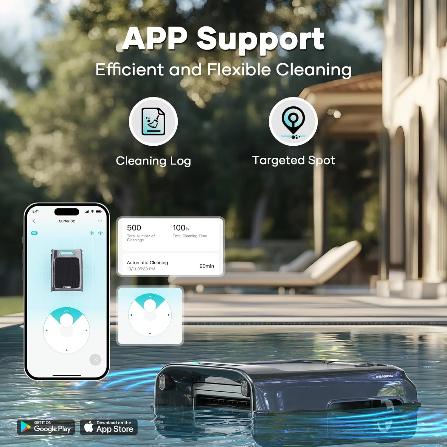 Surfer S2 Robotic Solar Pool Skimmer with APP Support, 24/7 Cleaning, Dual Charging Modes, Smart Obstacle Avoidance image 3