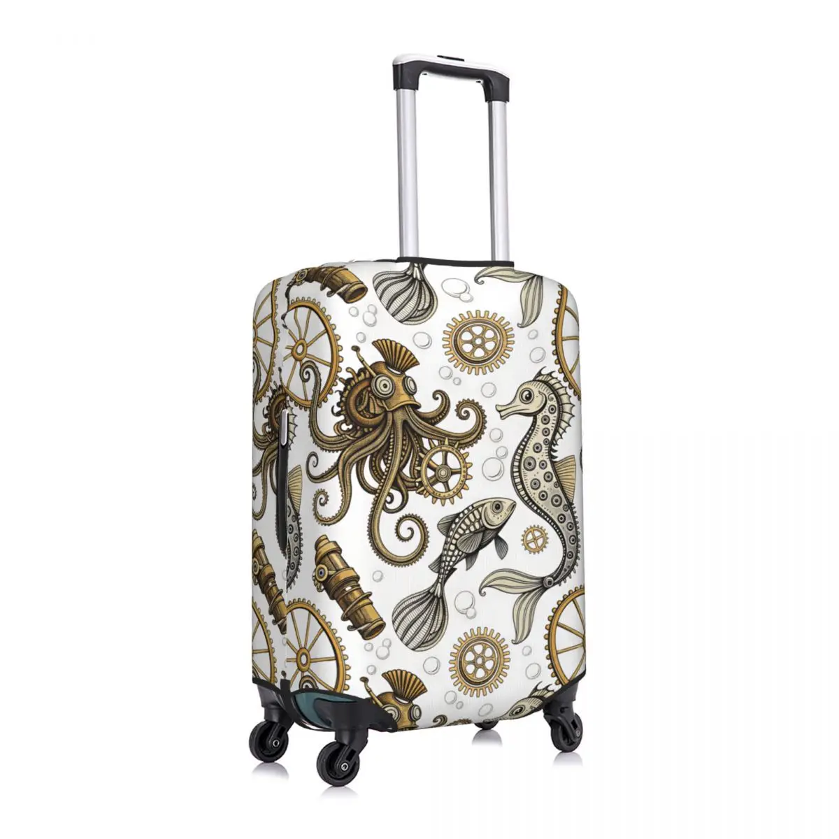 Custom Steampunk Octopus Seahorse Fish Pattern Luggage Cover Protector Washable Sea Creatures Travel Suitcase Covers