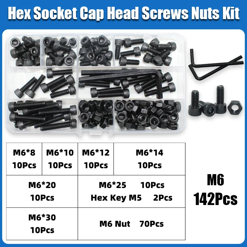 M2 M2,5 M3 M4 M5 M6 Innensechskant-Set Inbusschraube DIN912 Schwarz 12,9 Kohlenstoffstahl Schrauben Muttern Bolzen Unterlegscheibe Sortiment – Detail 11
