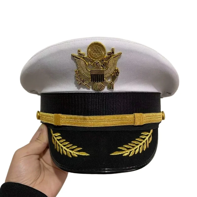 

Classic Militar Officer Peaked Cap White Top Security Captain Hat Gold Oak Leaf Embroidery Costume Hat General Service Cap