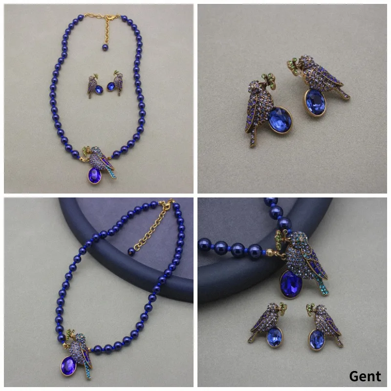 Set of Magpie Necklace, Earrings, and Brooch - Premium Blue Glass Pearl with Antique Gold Plating