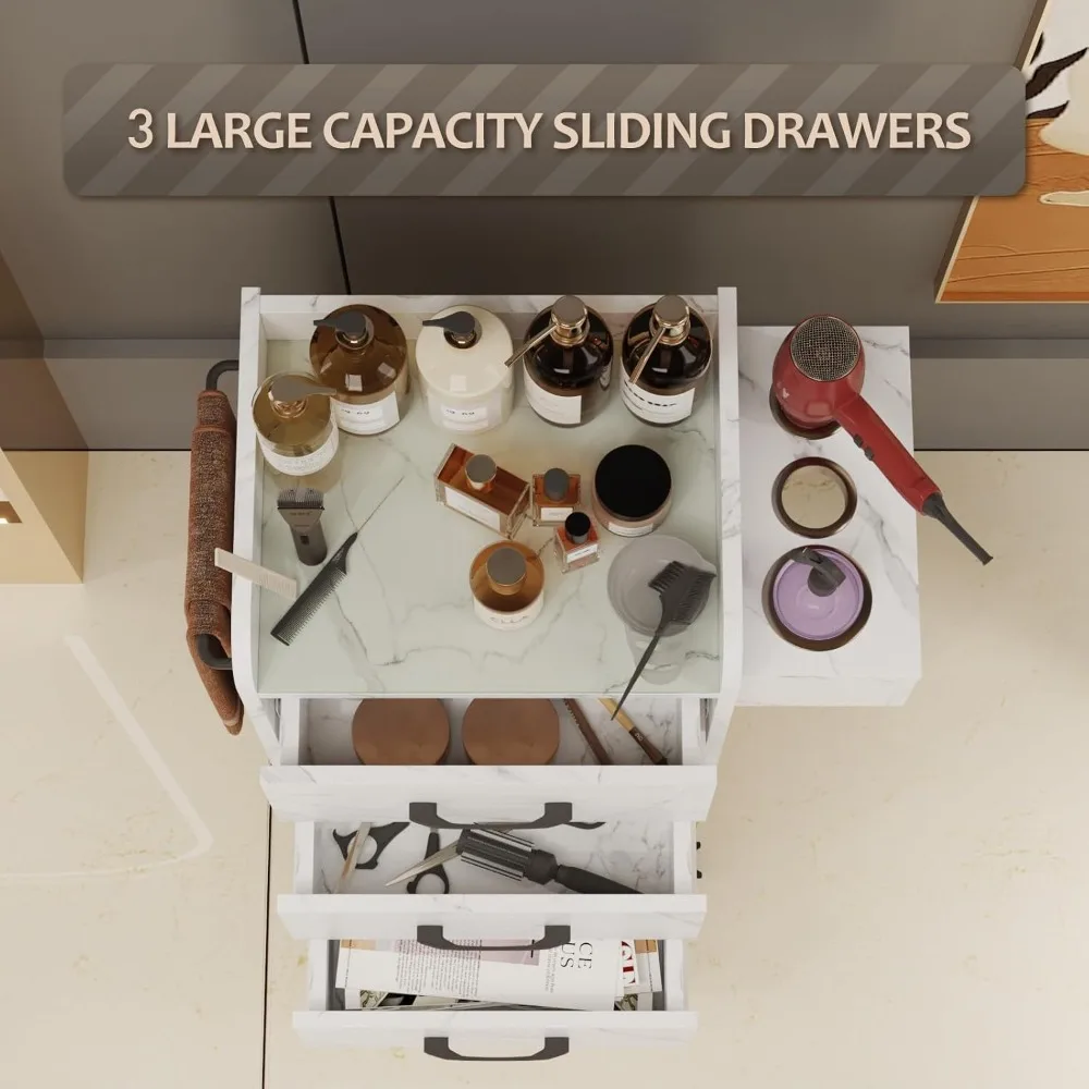 عربة تخزين الصالونات، محطة حلاقة دوارة مع سطح زجاجي مقوى، أدراج، حاملات مجفف الشعر، رف المناشف، عجلة قابلة للتحديد #4