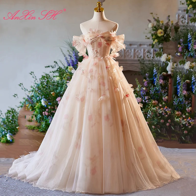 AnXin SH princess pink flower lace boat neck beading crystal party illusion ruffles lace up ball gown customized wedding dress