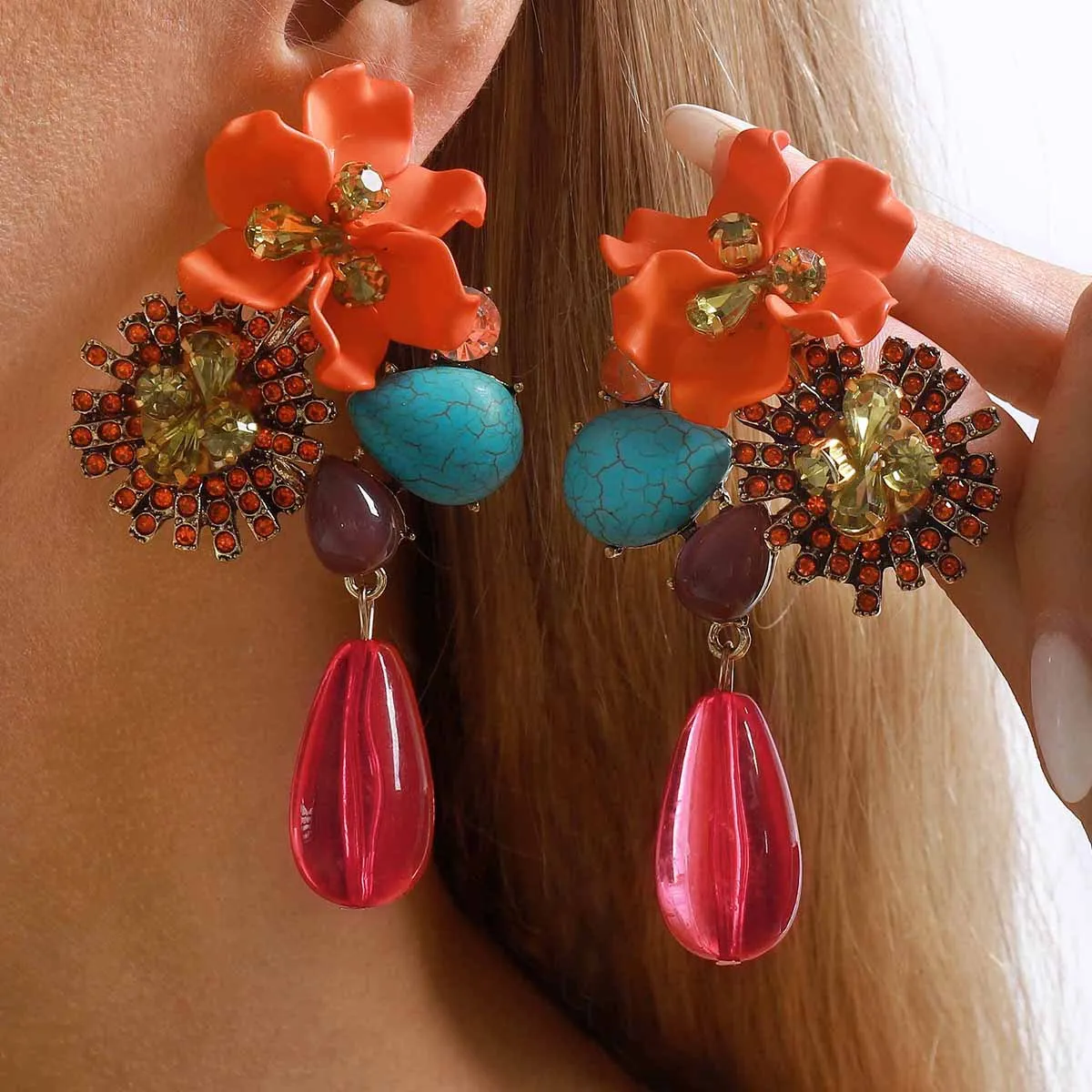Heavy Industry Light Luxury Diamond-Encrusted Floral Earrings ZA Foreign Trade Jewelry Unique High-End Droplet Earrings