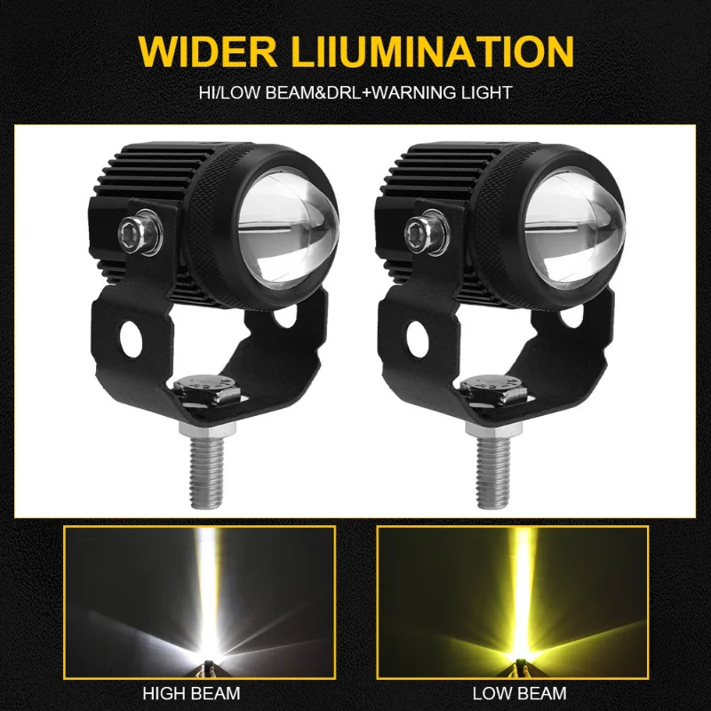 2Pcs Motorcycle LED Lights Spotlight Mini Driving Light Yellow + White Hi-Lo Beam Led Motorcycle Spot Lights LED Auxiliary Lamp