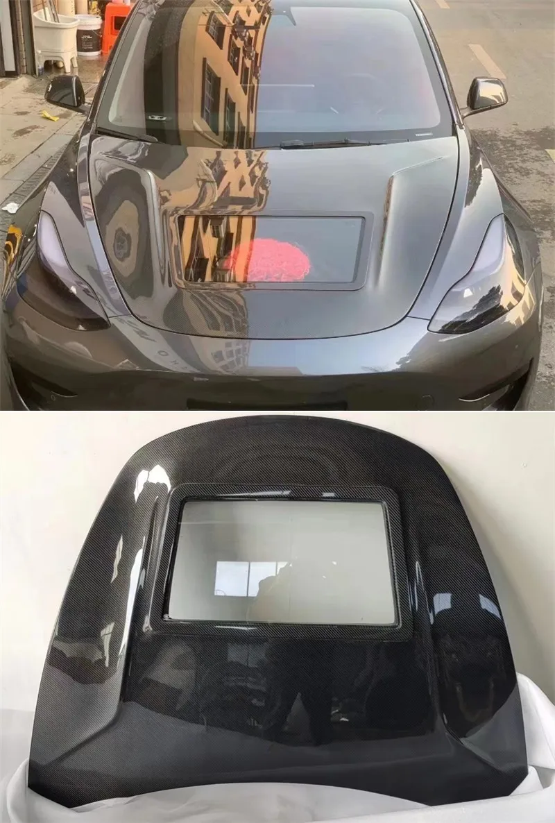 For Tesla Model 3 2019 2020 2021 2022 Real Carbon Fiber Front Bumper High Temperature Resistant Glass Engine Hood Vent Cover