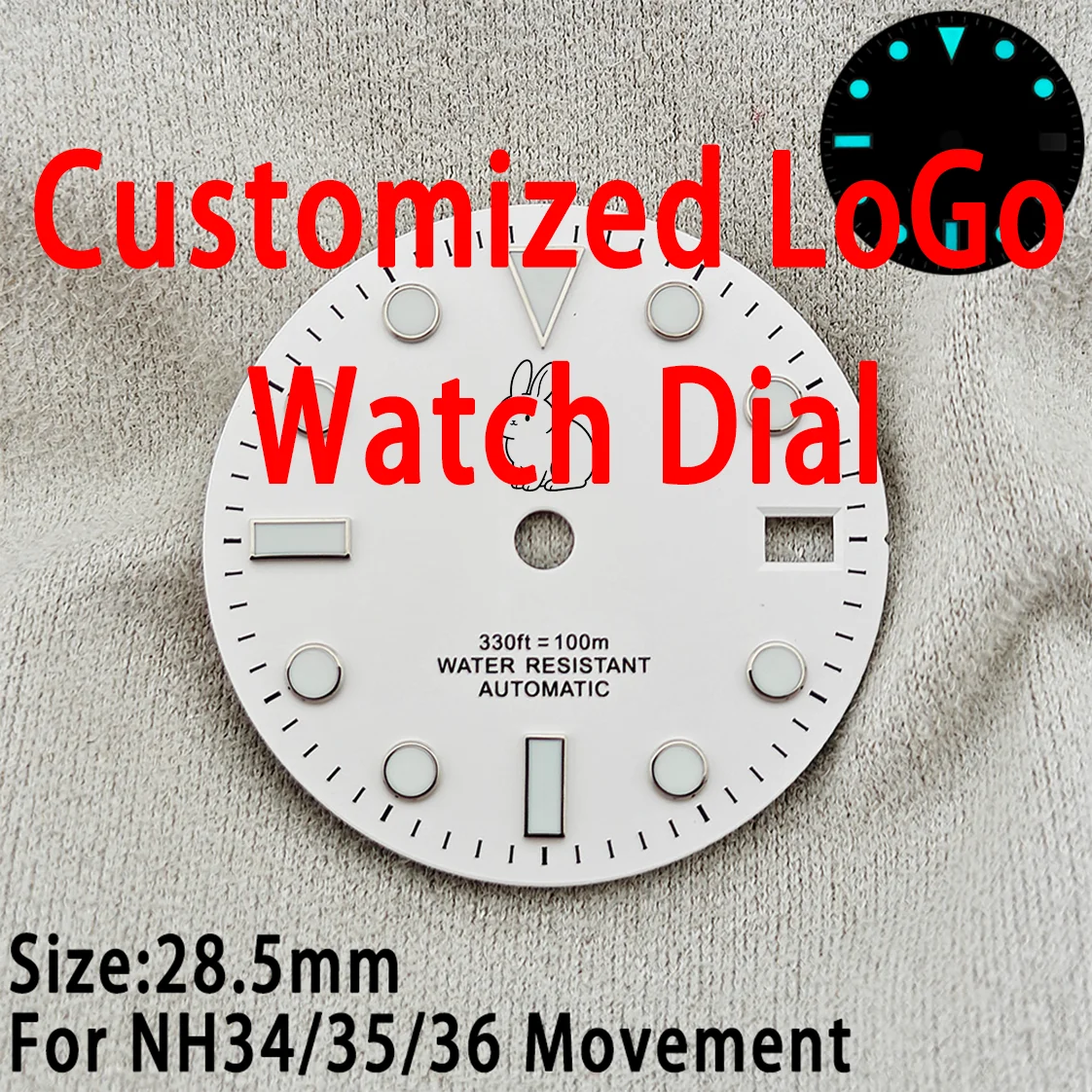 Individuelles Logo-Uhrenzifferblatt für NH35 NH36 28,5mm SUB-Uhrenzifferblätter BGW9 Blau Leuchtend Einzelkalender Personalisierung DIY-Uhr