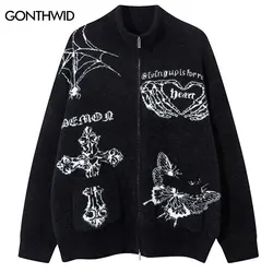 Vintage Oversize Sweater Cardigan Y2K Knitted Butterfly Double Zip Up Jumpers Streetwear Hip Hop Punk Gothic Loose Sweaters Coat