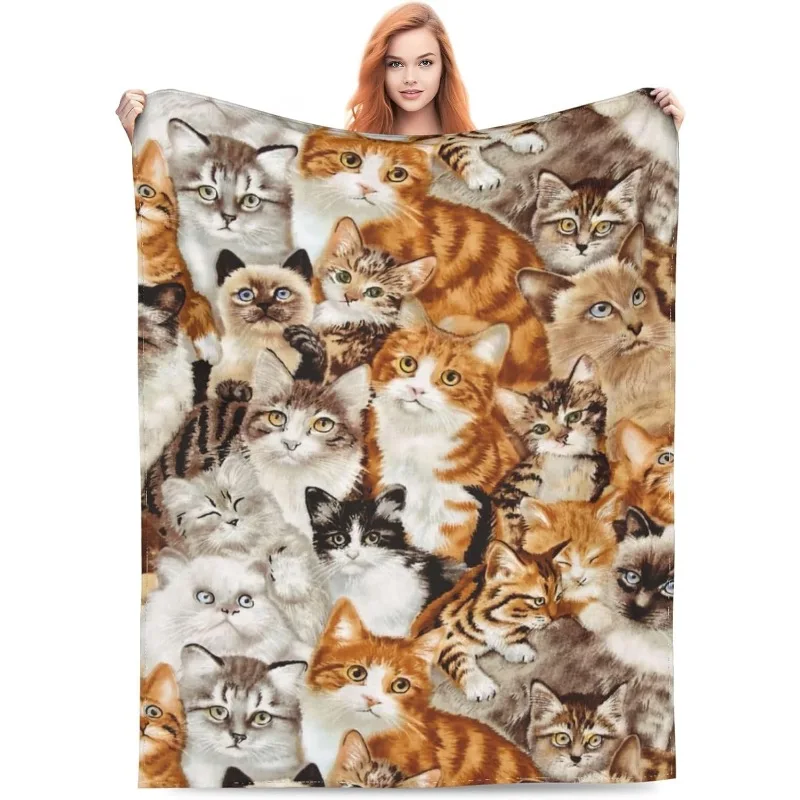 Niedliche Flanell-Fleece-Bettdecke mit Katzen-Design, Überwurfdecke, leichte, gemütliche Plüschdecke für Schlafzimmer, Wohnzimmer, Sofa, Couch