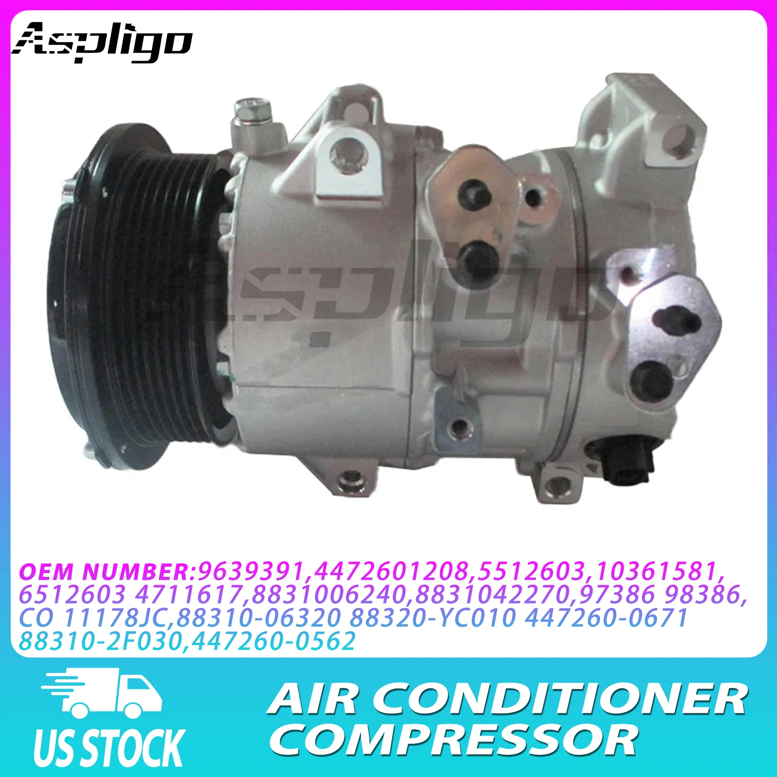 Aspligo 12V Air Conditioner Compressor 639391,4472601208,5512603,10361581,6512603 4711617, 8831006240 Auto Ac Compressor Parts