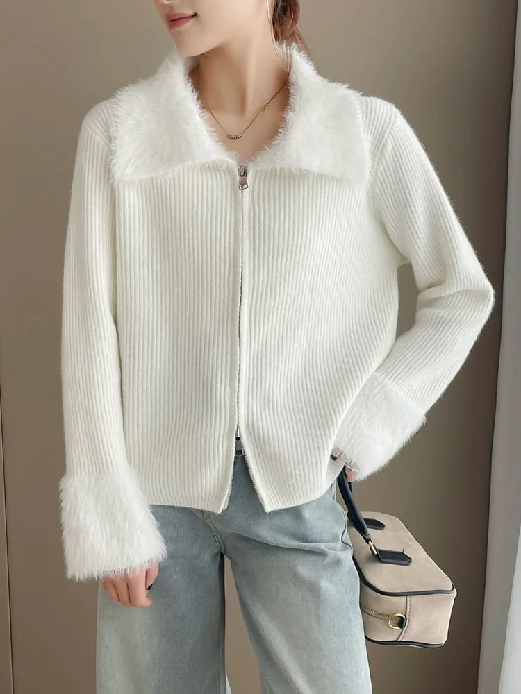 เสื้อสเวตเตอร์ถักแบบมีซิป ปกพับได้ ตัดต่อผ้าถัก สไตล์ลำลองสำหรับผู้หญิง เสื้อคลุมคาร์ดิแกนทรงหลวม แฟชั่นเสื้อถักแขนยาวแบบสั้นและยาว เสื้อกั๊กถัก