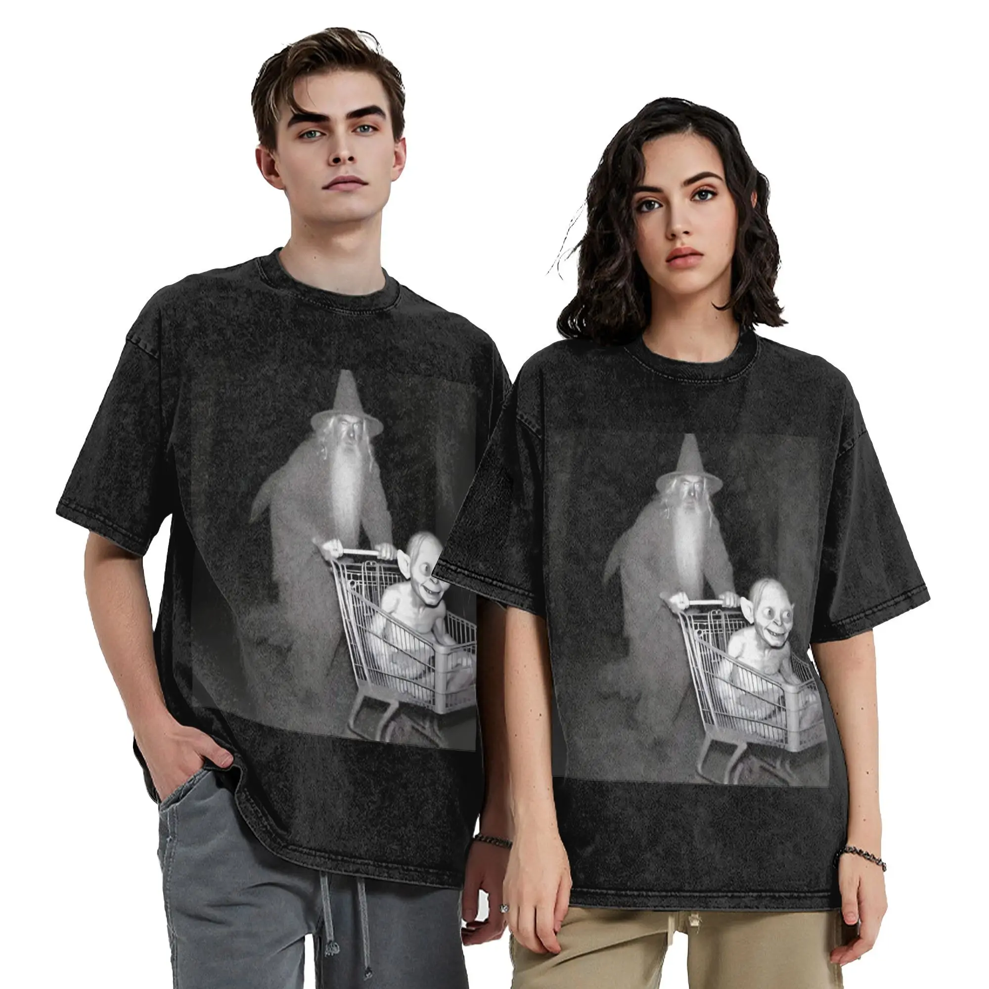 Washed T Shirts Wizard Pushing A Trolley With Creature Hip Hop T-Shirts Harajuku Streetwear Cotton Tops Tee Shirt for Men Women