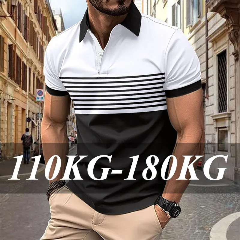 

Мужская рубашка поло в полоску для гольфа, большие размеры 110-180 кг, повседневные футболки с короткими рукавами и лацканами, модные деловые дышащие топы, мужская одежда