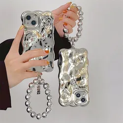 Luxury Electroplated 3D Meteorite Pattern Phone Case for iphone 15 14 13 11 12Pro Max Silver Shockproof Case Round Bead Bracelet