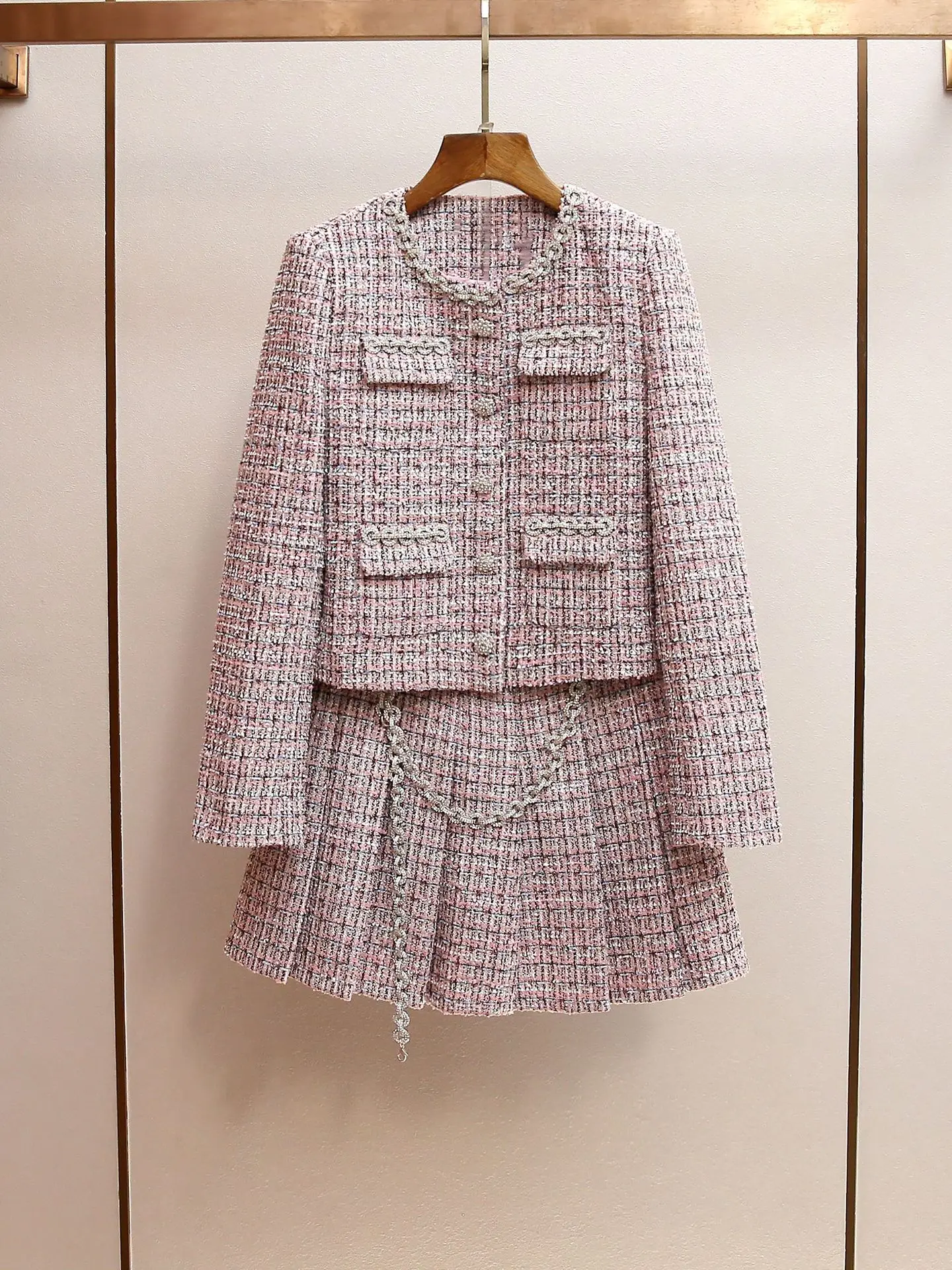 Autumn Elegant Tweed Jacket Rhinestones A-line Pleated Skirt Women's Set ropa mujer vestidos mujer outerwears skirt traf 2025 wo