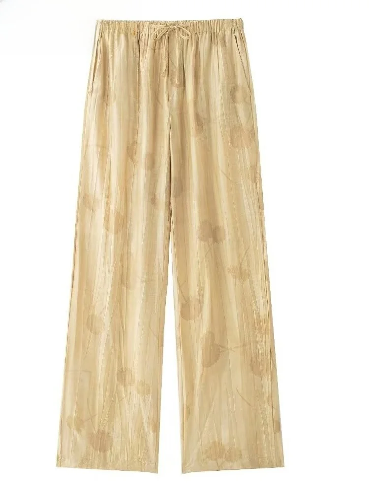 

Spring 2024 New Women's Embroidered Pants Large Size irt Flowy Loose Fit Long Sve Button up Printed Polyester Blend