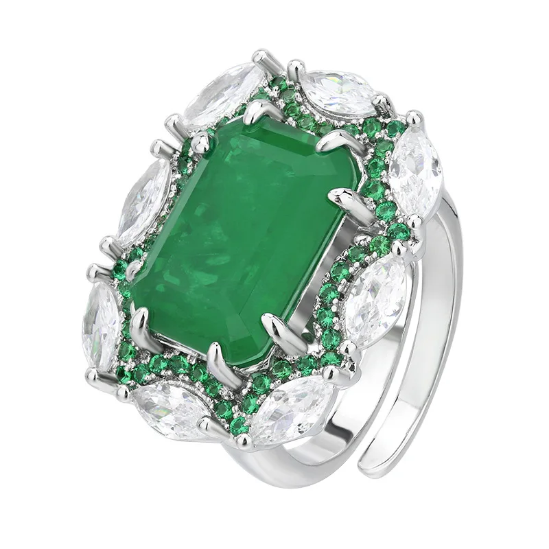 Sparkling Emerald Cut Green Statement Jewelry Adjustable Ring Necklace Earrings CZ Luxury Wedding Party Accessories for Women