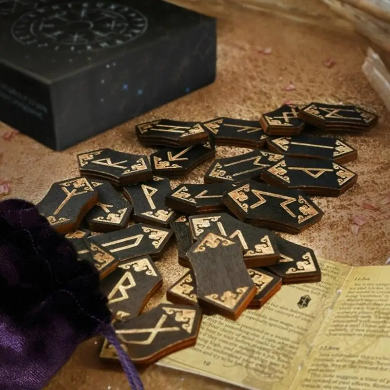 H0XE Complete Set of Wood Runes Tarot Cards Magicals Symbol Rune for Divination and Decoration, Includes 24Pieces Storage Bag