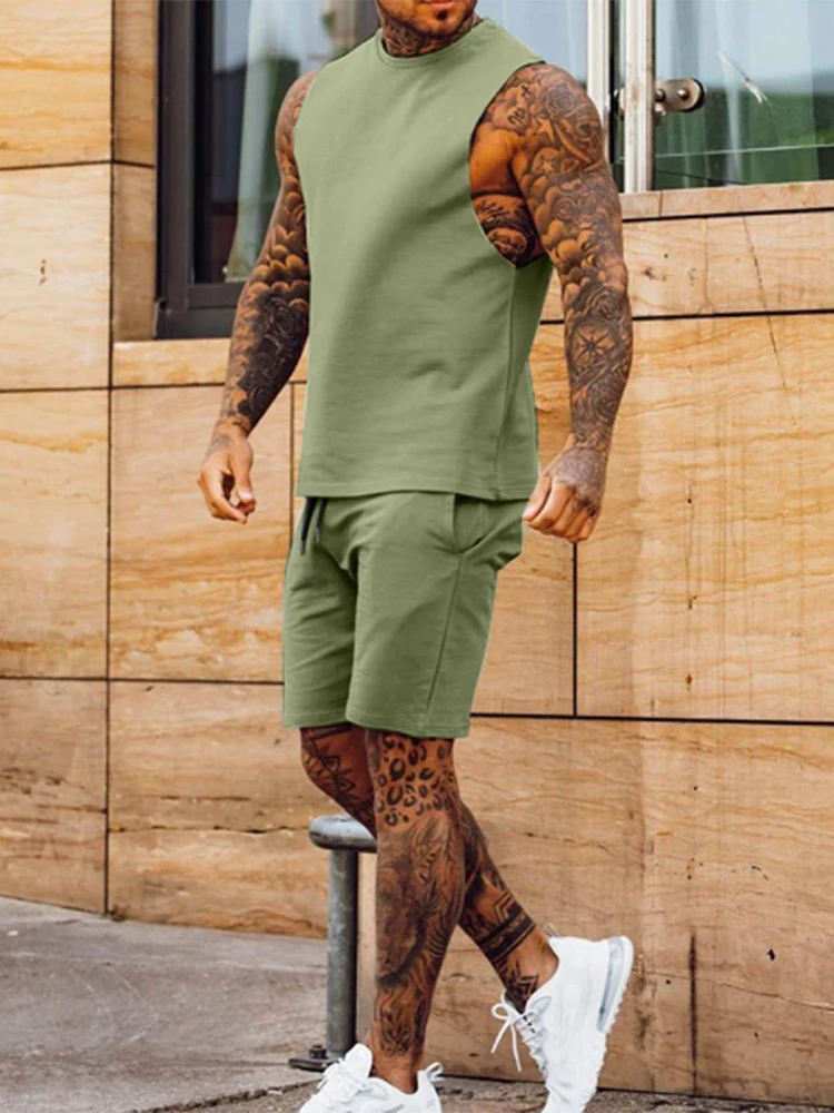 2022 Fashion Solid Two Piece Suits Men‘s O-Neck Tops and Shorts Outfits Men Summer Sleeveless Casual Simplicity Sets Streetwear