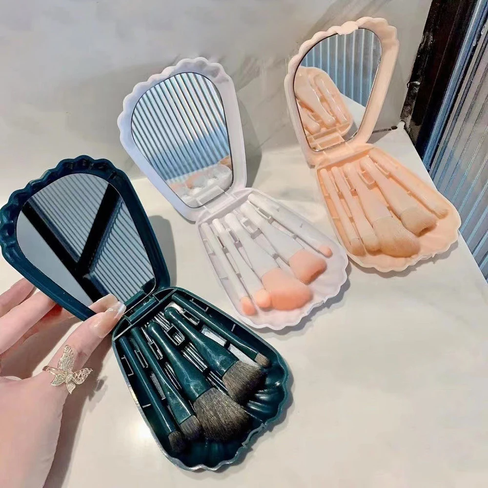 5Pcs Shell Makeup Brush Set with Mirror, Portable Travel Cosmetic Brushes, Powder Blush Eyeshadow Makeup Brushes Kit, Full Beaut